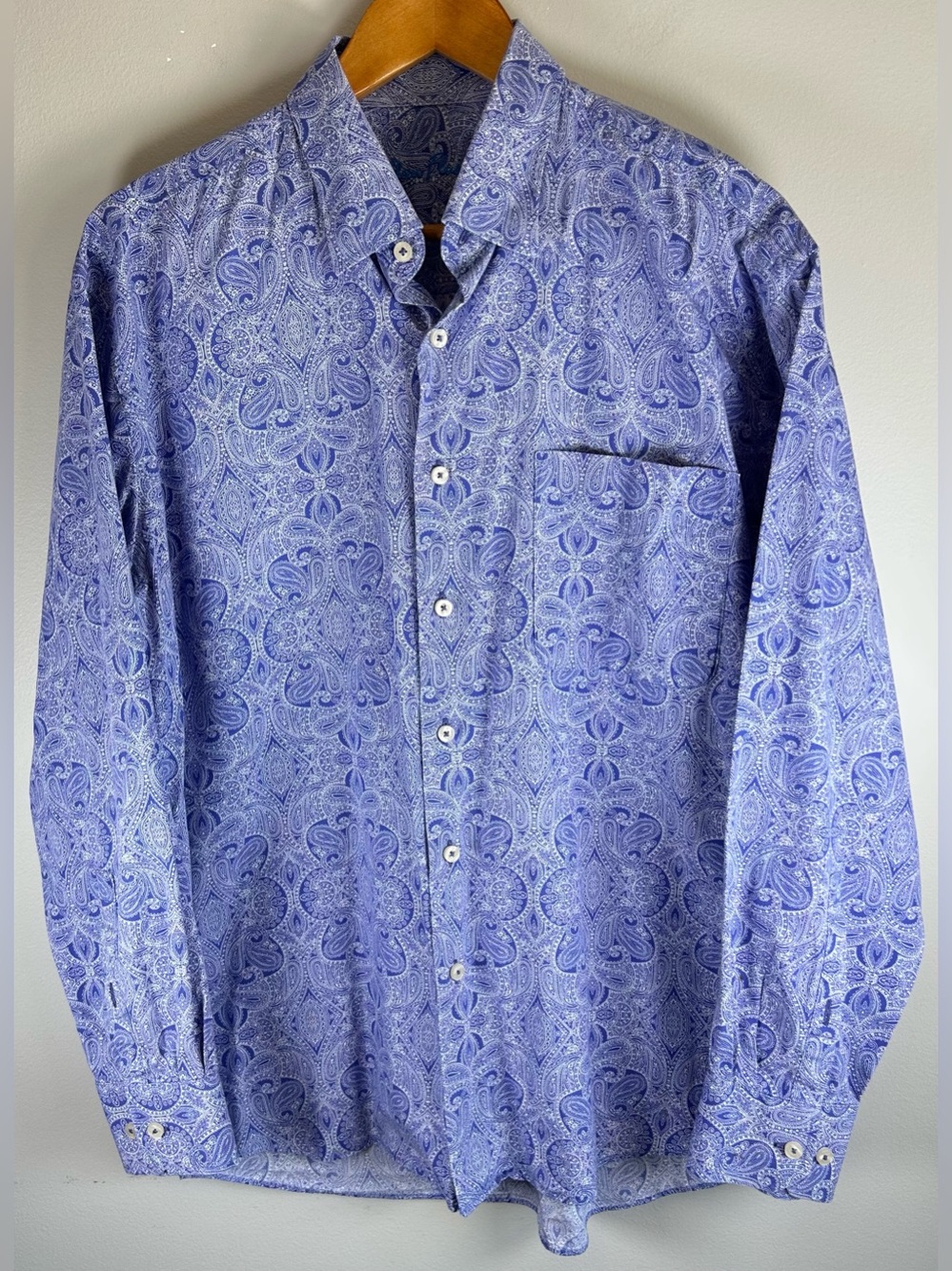 Alan Flusser Men’s Button Up Shirt Size L Blue Paisley Long Sleeve Cotton EUC